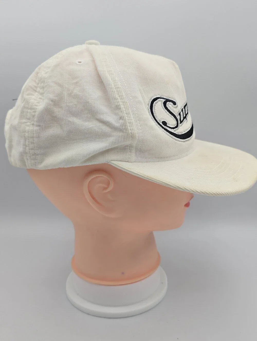Supreme Cursive Logo White 5 Panel Corduroy Adjustable Snapback Hat